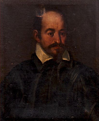 Scuola lombarda, inizi secolo XVII- Half-length portrait of a gentleman in a dark suit with a white collar