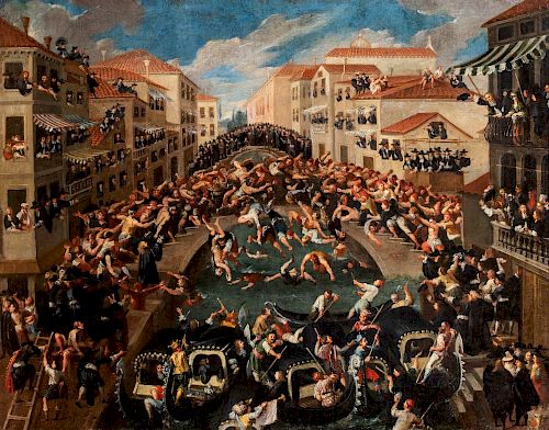 Cerchia di Joseph Heintz il Giovane (Augusta 1600 - Venezia 1678)- The battle of Pugni in Venice