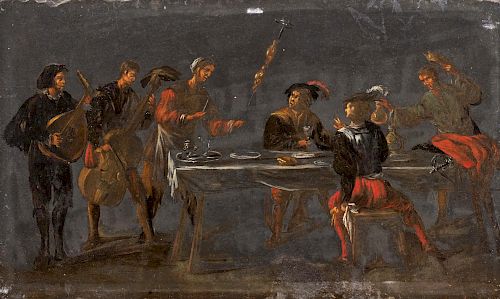 Scuola fiamminga, secolo XVII- Figures in a tavern