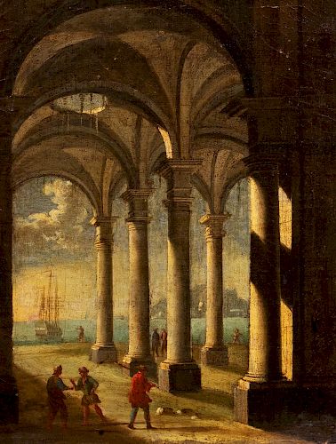 Scuola napoletana, secolo XVIII- Two architectural capricci with a view of a port, en pendant