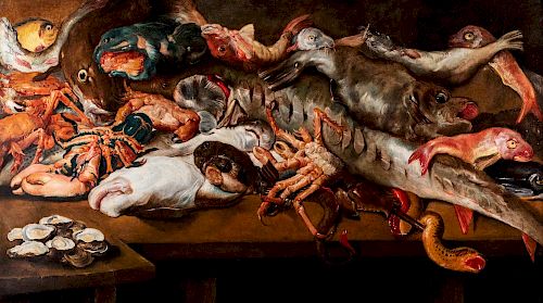 Scuola fiamminga, secolo XVII- Fishes and shellfish on a table