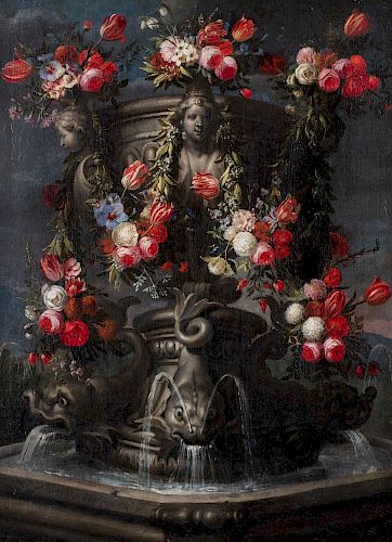 Gaspar Peeter II Verbruggen (Anversa 1664-Anversa 1730)  - A monumental fountain adorned with garlands