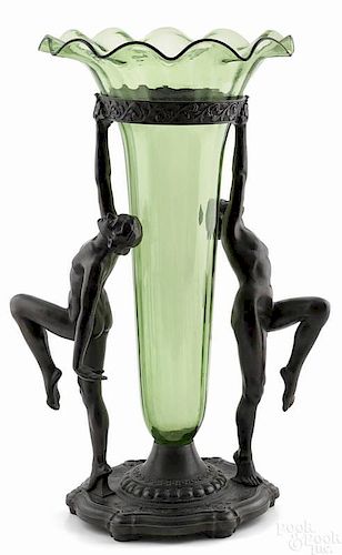 Art deco bronze and glass trumpet vase, early 20t