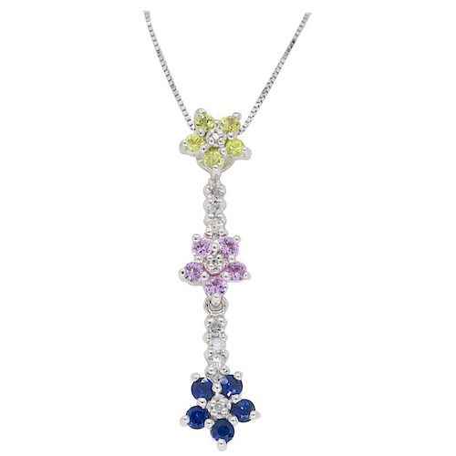 Rainbow Sapphire and Diamond Flower Pendant Necklace