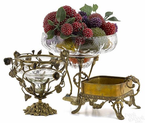 Brass and glass centerpiece bowl, early 20th c.,