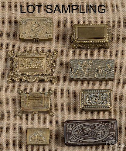 Forty stamp boxes, 19th/20th c., mostly brass.