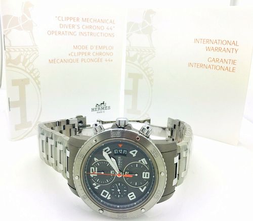Hermes Clipper Chrono Titanium & Steel 44mm Watch 7.5"