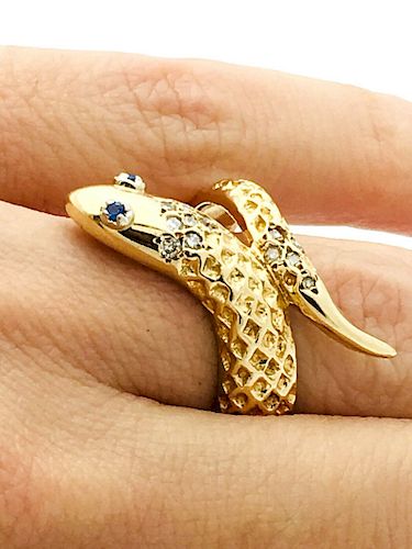 14k Gold Diamond  Sapphire Snake Ring  Size 8.25