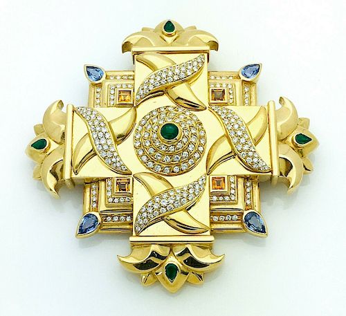 18k Yellow Gold  6.5 TCW Diamonds Emerald Citrine Sapphire Brooch