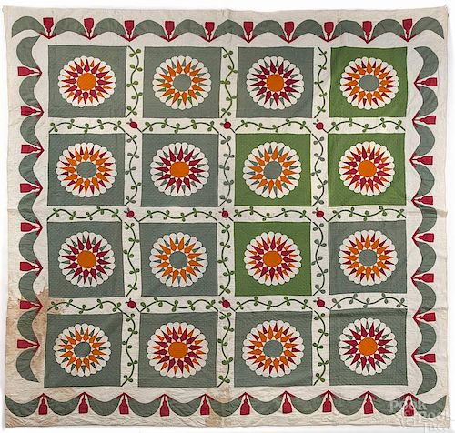 Pieced and appliqué summer quilt, 19th c., with a