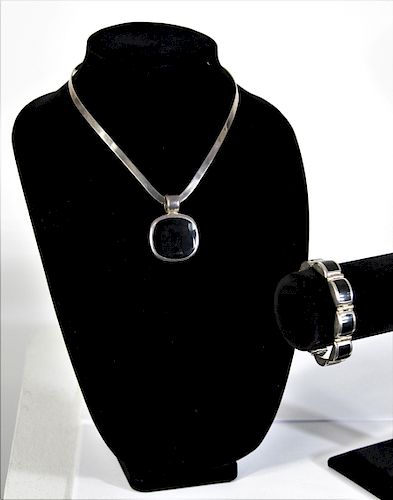 Mexican Sterling Silver Onxy Necklace & Bracelet