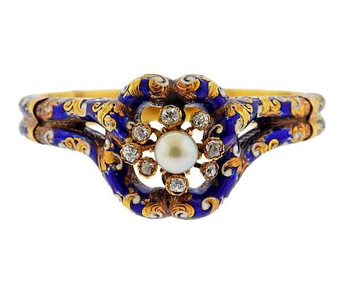 French Antique Victorian Gold Diamond Enamel Pearl Bracelet