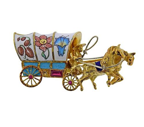  18k Gold Enamel Ruby Horse Carriage Brooch Pin