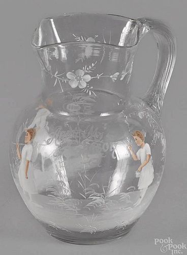 Mary Gregory enameled glass water pitcher, inscri