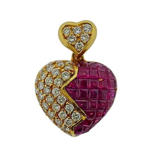 18K Gold Diamond Ruby Heart Pendant