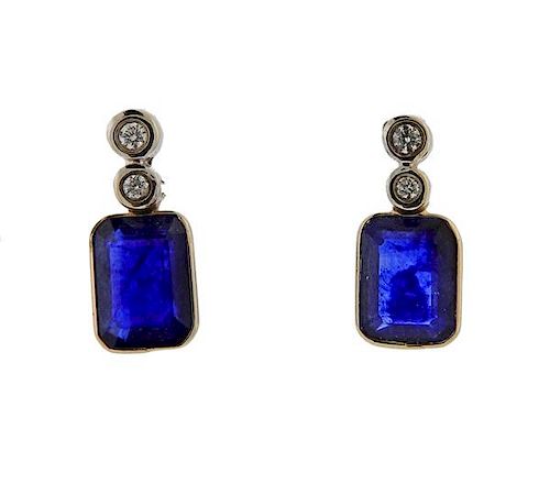14K Gold Diamond Blue Stone Earrings
