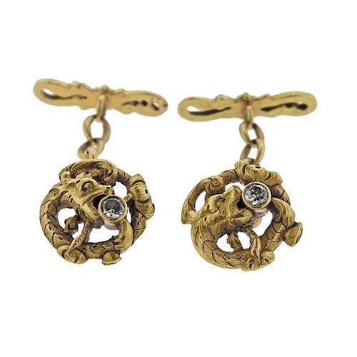 Antique Art Nouveau Diamond 18k Gold Dragon Cufflinks