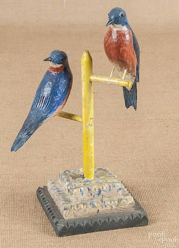 Keith Collis carved and painted bluebirds on a pe