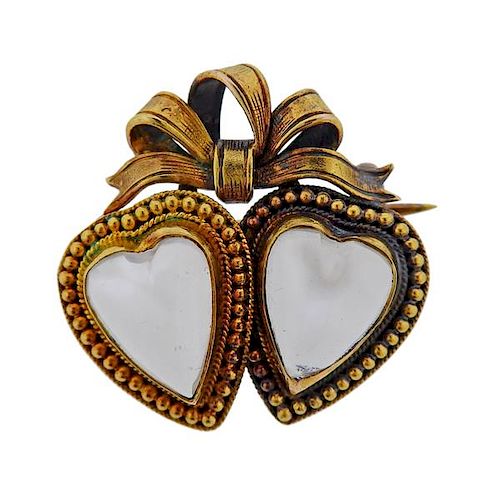 Antique 14K Gold Moonstone Heart Brooch Pin