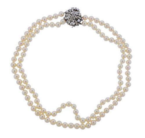 Mid Century 14K Gold Diamond Pearl Necklace