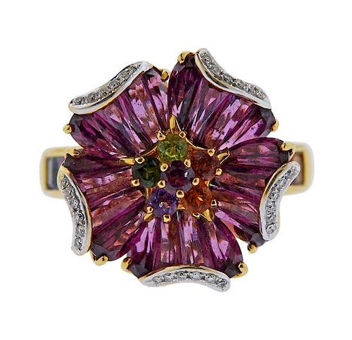 Bellarri 18k Gold Diamond Gemstone Flower Ring 