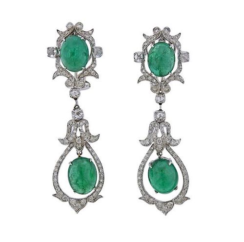 18k Gold Diamond Emerald Cabochon Drop Earrings 