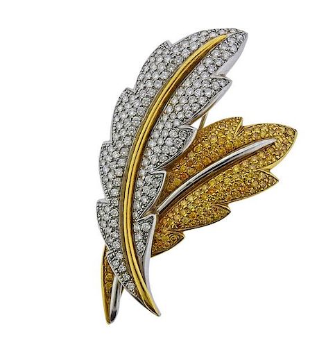 Platinum 18k Gold Fancy Yellow Diamond Feather Brooch 