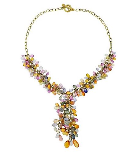 18k Gold Gemstone Briolette Toggle Pendant Necklace 
