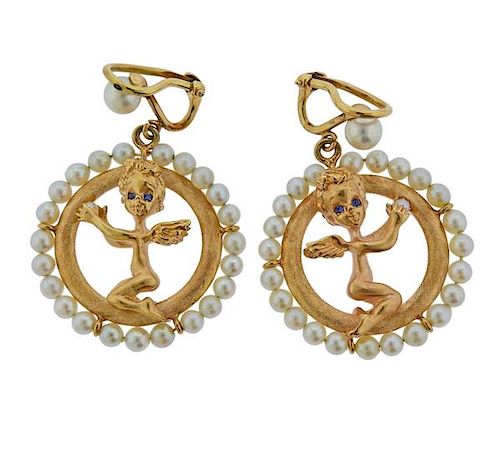 Retro 14k Gold Pearl Sapphire Cherub Earrings 