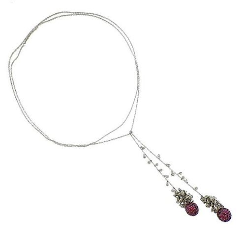 18K Gold Diamond Ruby Lariat Necklace