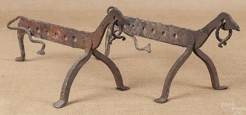 Pair of figural wrought iron dog andirons, 20th c
