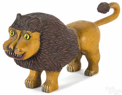Paul Tyson carved and painted lion, signed and da