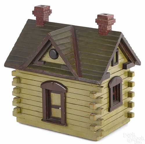 Carved and painted log cabin document box, inscri