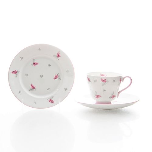 3 PC SHELLEY FINE BONE CHINA, PINK AND GRAY LEAVES