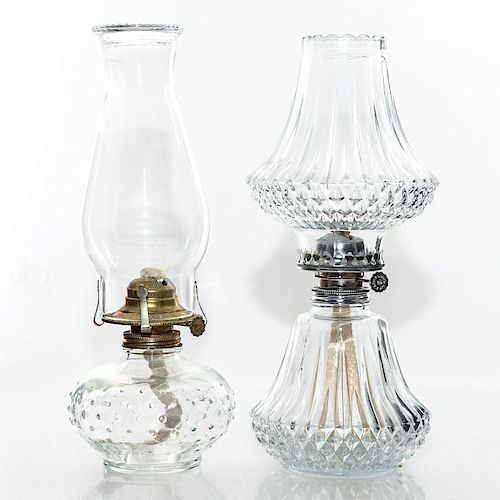 2 CUT GLASS OIL LAMPS, WITH CHIMNEYS