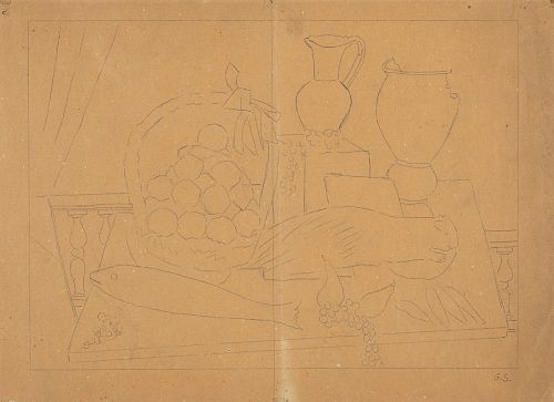 Gino Severini (Cortona 1883-Parigi 1966)  - Piramide di mele, pesce e istrice, 1938 ca.