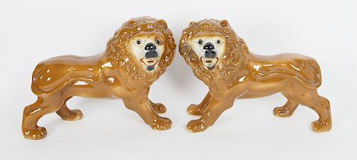 Pair of Staffordshire Standing Lions, 19th Century