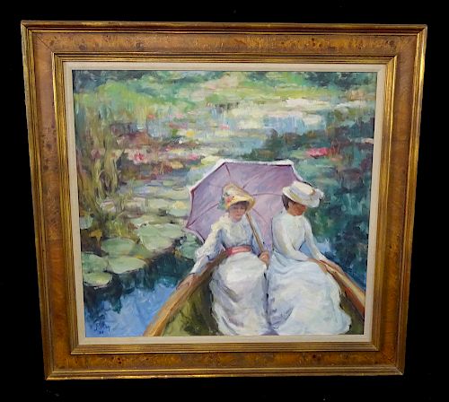 MAY SGN. OIL ON CANVAS GIRLS IN A ROW BOAT 