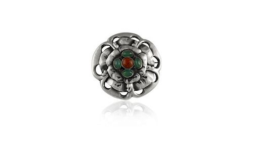 Georg Jensen Brooch With Amber & Green Agate 59