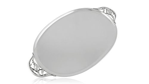 A large sterling silver Georg Jensen Blossom oval tray, design #2E by Georg Jensen from 1905.

Beautiful hand-hammered tray with handles, decorated wi