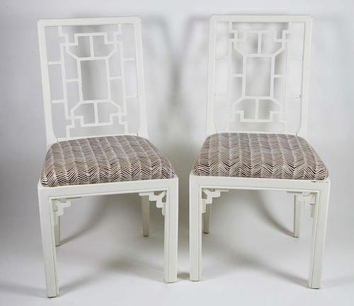 Pair of Contemporary White Painted Chinese Chippendale Style Side Chairs