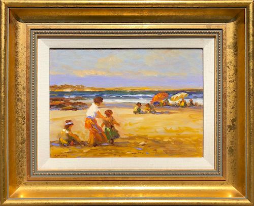 Vernon Broe Oil on Canvas Board "Summer Beach Bathers"