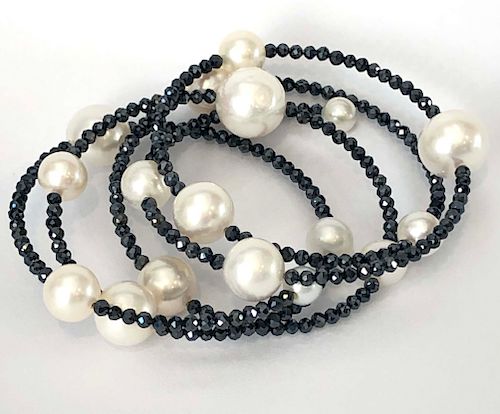 10mm x 7mm White Cultured Pearl Bracelet on Flexible Spinel Strand