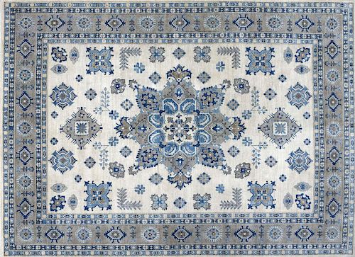 Ivory, Gray and Blue Hand Knotted Vintage Style Kazak Oriental Rug