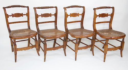 Set of Four New York Strong Tiger Maple Caned Seat Dining Chairs, circa 1820