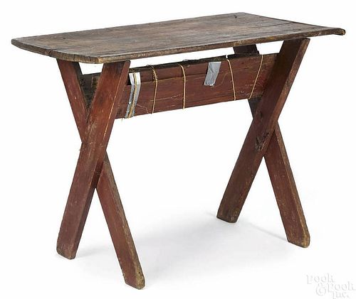 Pine and walnut sawbuck table, ca. 1800, 30'' h.,