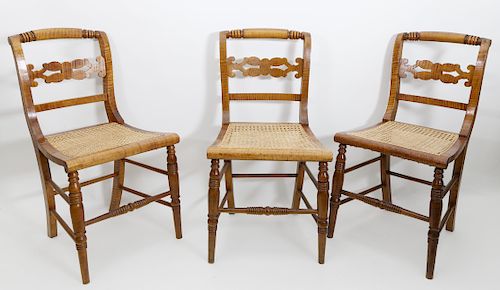 Set of Three American Federal Tiger Maple Dining Chairs, circa 1800