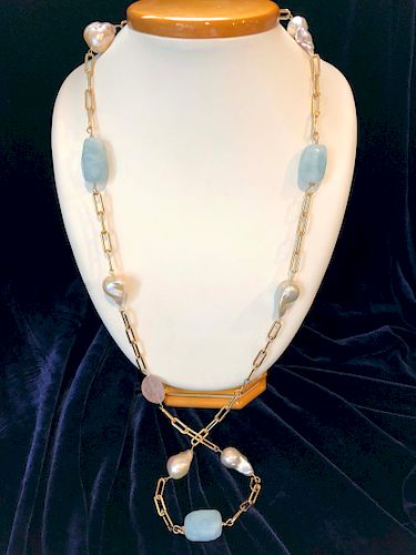Aquamarine, Rose Quartz and Baroque Fresh Water Pearl Necklace