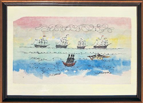 John Lochtefeld Gouache and Pen on Paper "Clippers, Sailors, Mermaids and Whale on the High Seas"