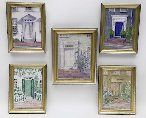 Collection of Five M.V. Brouwer Oils on Artist Boards "Nantucket Doorways"